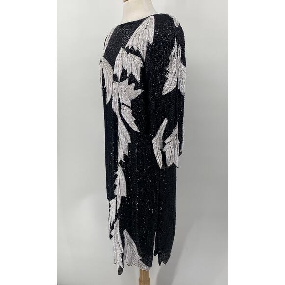 Vintage 80s Silk Beaded Sequined Evening Dress Asymmetric Black White Womens L - Picture 5 of 12